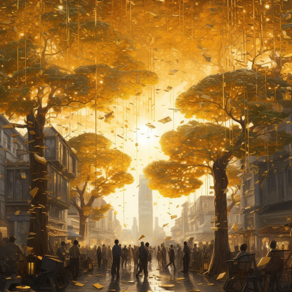 Künstliches Bild eines Boulevards mit hohen Bäumen in goldenem Licht von denen Blätter oder Geldscheine herabfallen auf darunter gehende, stehende Menschengestalten