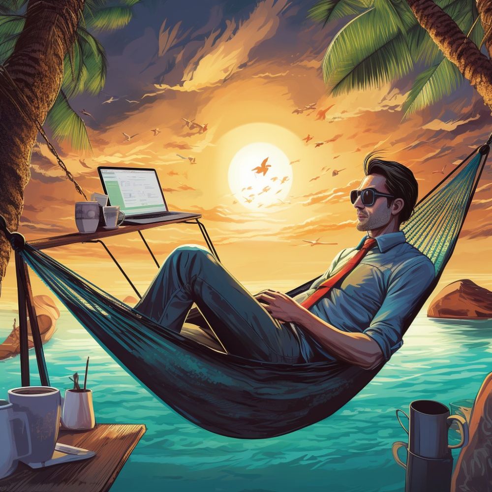Künstliches Bild mit einem jungen Mann mit Anzug und Krawatte und Sonnenbrillen in einer Hängematte zwischen Palmen vor dem Meer bei Sonnenuntergang umgeben von Laptop und Kaffeetassen