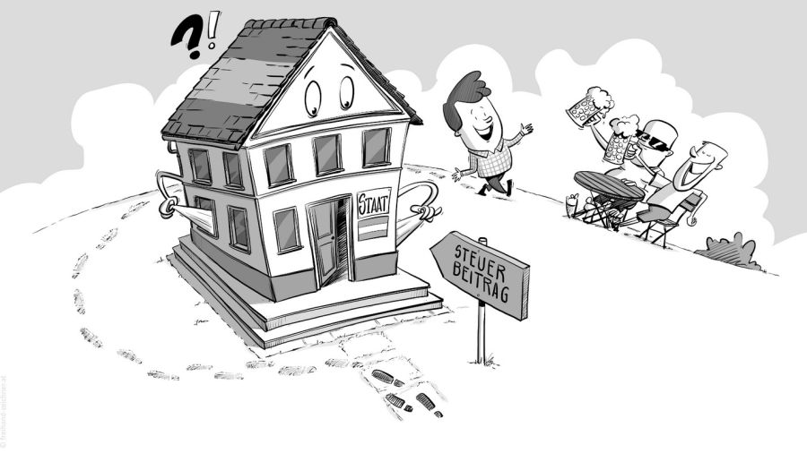 Comic-Illustration: Ein Haus mit leeren Taschen. Darauf steht: Staat. Dahinter 3 Freunde die Party machen mit einem Bier.
